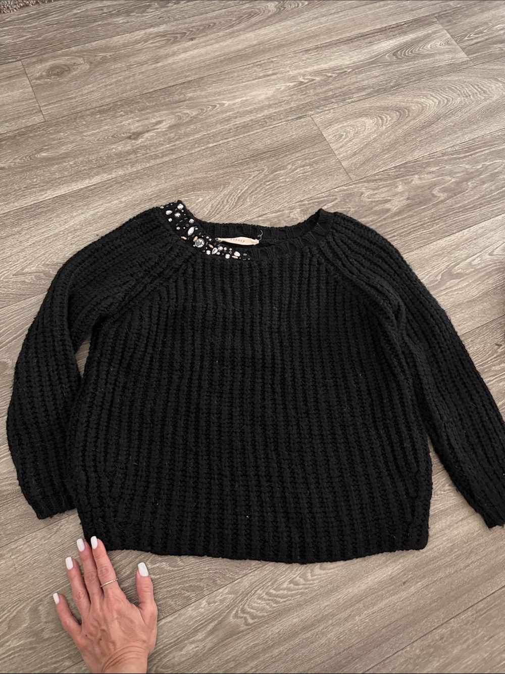 Zara Black Ribbed Crewneck Sweater with Neck Embellishment